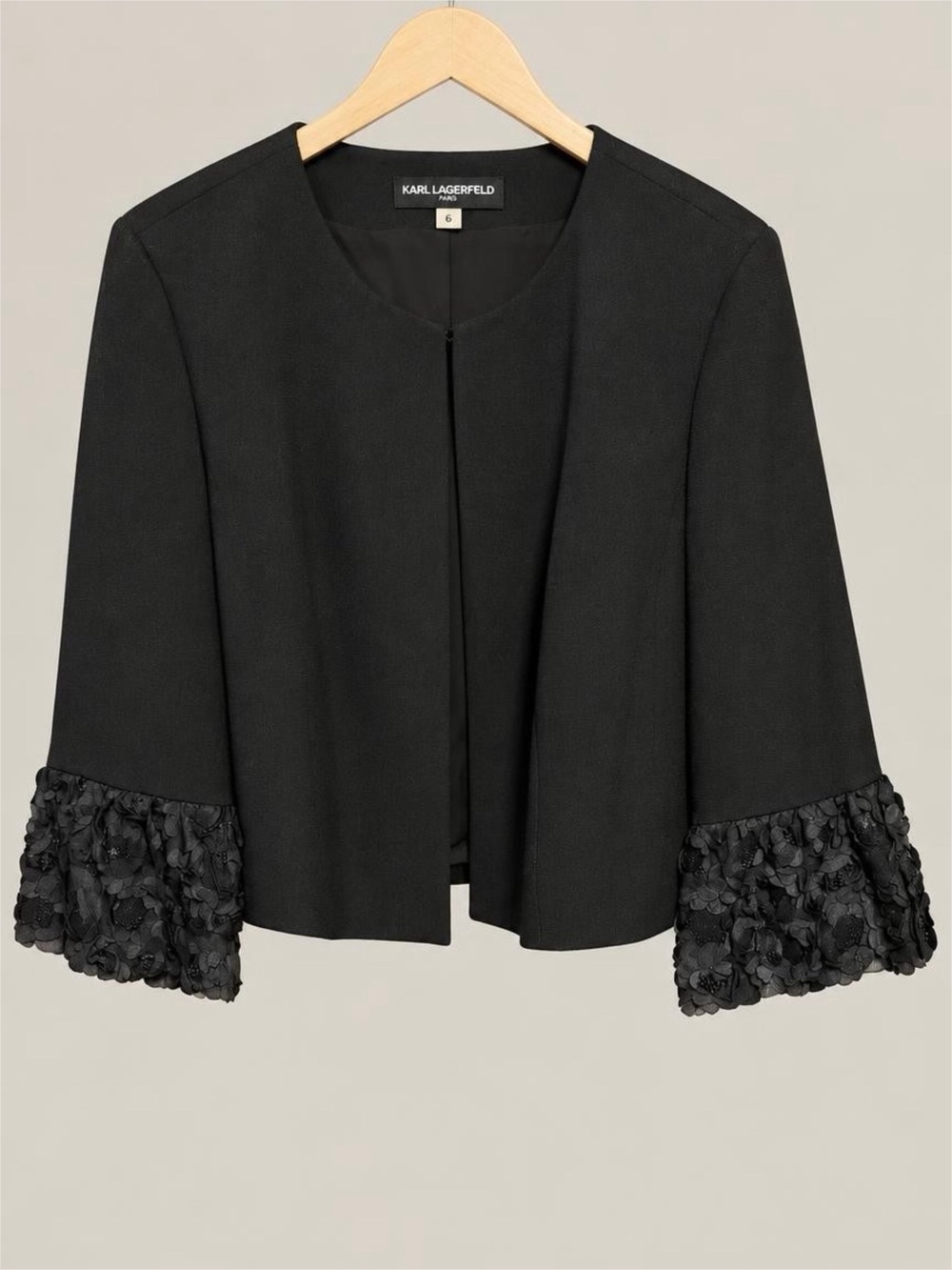 Karl Lagerfeld Paris Black Jacket XL 3D Floral Bell Sleeve Cuffs